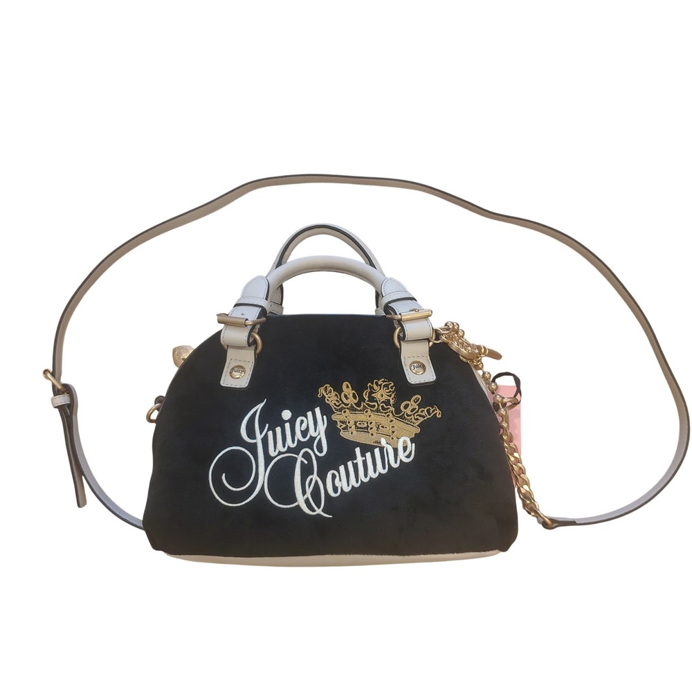 Juicy Couture Black Velour Satchel Bag White Trim Gold Crown Logo Crossbody‎ NEW